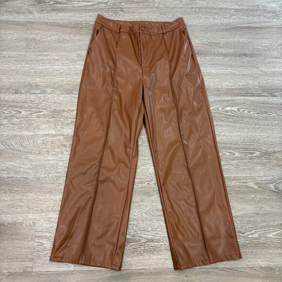 Shein Faux Leather Brown Straight Leg High Waist Pants sz L - Picture 2 of 10